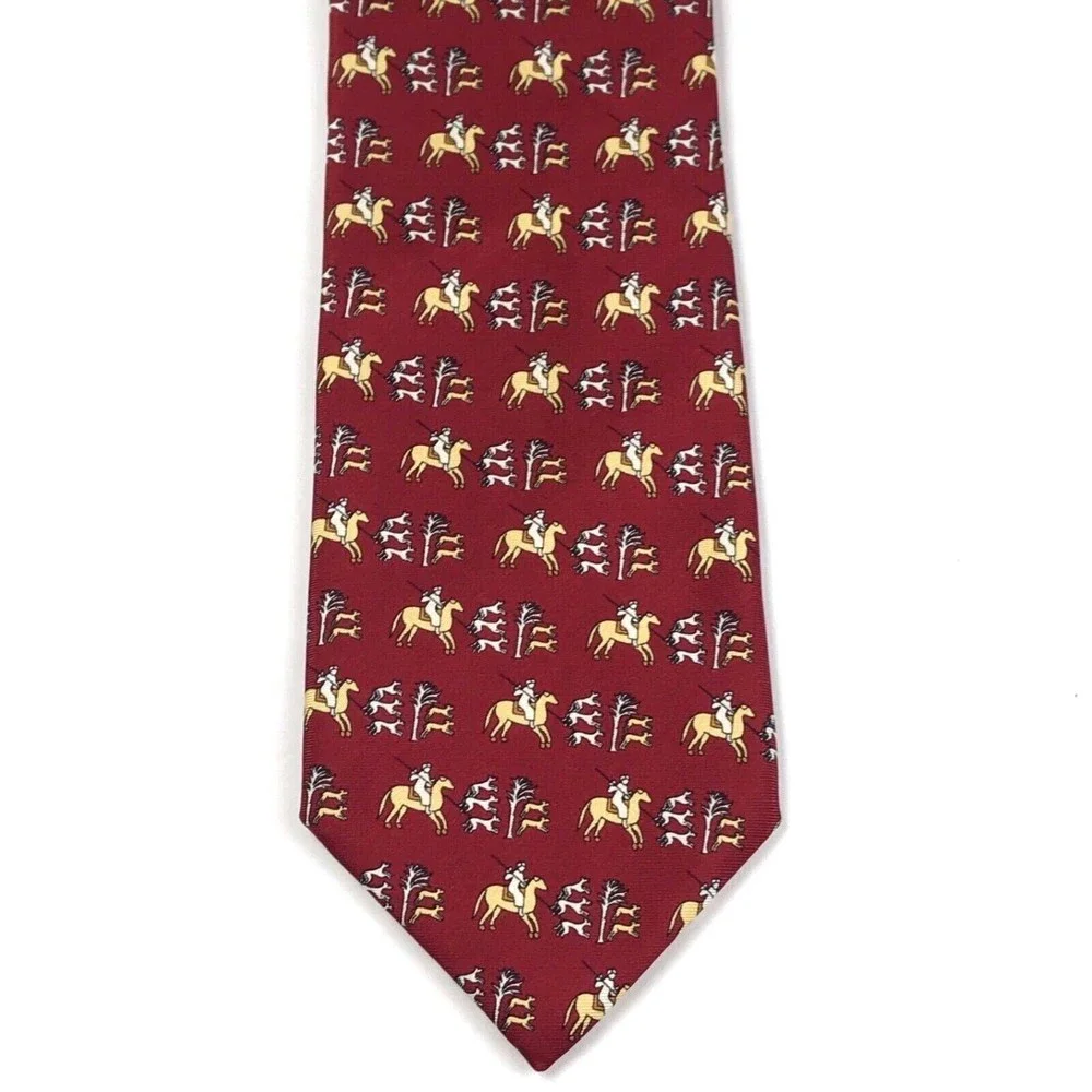Museo Del Prado 2000 Silk Necktie Horse Hunter Hounds Bulls Equestrian Red Italy